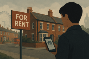 ロンドンの住宅街で、スマートフォンを手に不動産サイトをチェックする人物のイラスト。背景には「For Rent」の看板とレンガ造りの家が並ぶ。