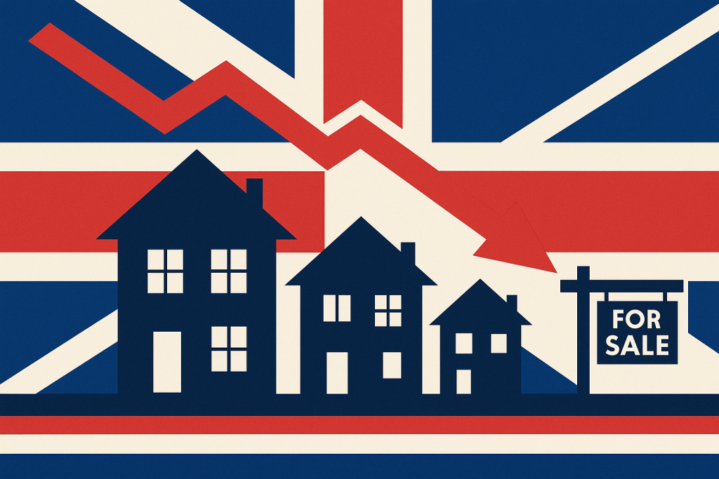 イギリスの国旗を背景に、住宅のシルエットと下降する赤い矢印が描かれたイラスト。住宅市場の下落を象徴している。