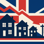 イギリスの国旗を背景に、住宅のシルエットと下降する赤い矢印が描かれたイラスト。住宅市場の下落を象徴している。