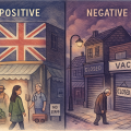 イギリスの地方都市の商店街を描いたイラスト。左側は移民が支える医療や農業で活気ある街、右側は移民がいなくなり店が閉まりシャッター街になった寂れた街を対比。ユニオンジャックを背景に移民減少によるポジティブとネガティブな影響を象徴的に表現。