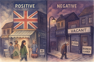 イギリスの地方都市の商店街を描いたイラスト。左側は移民が支える医療や農業で活気ある街、右側は移民がいなくなり店が閉まりシャッター街になった寂れた街を対比。ユニオンジャックを背景に移民減少によるポジティブとネガティブな影響を象徴的に表現。