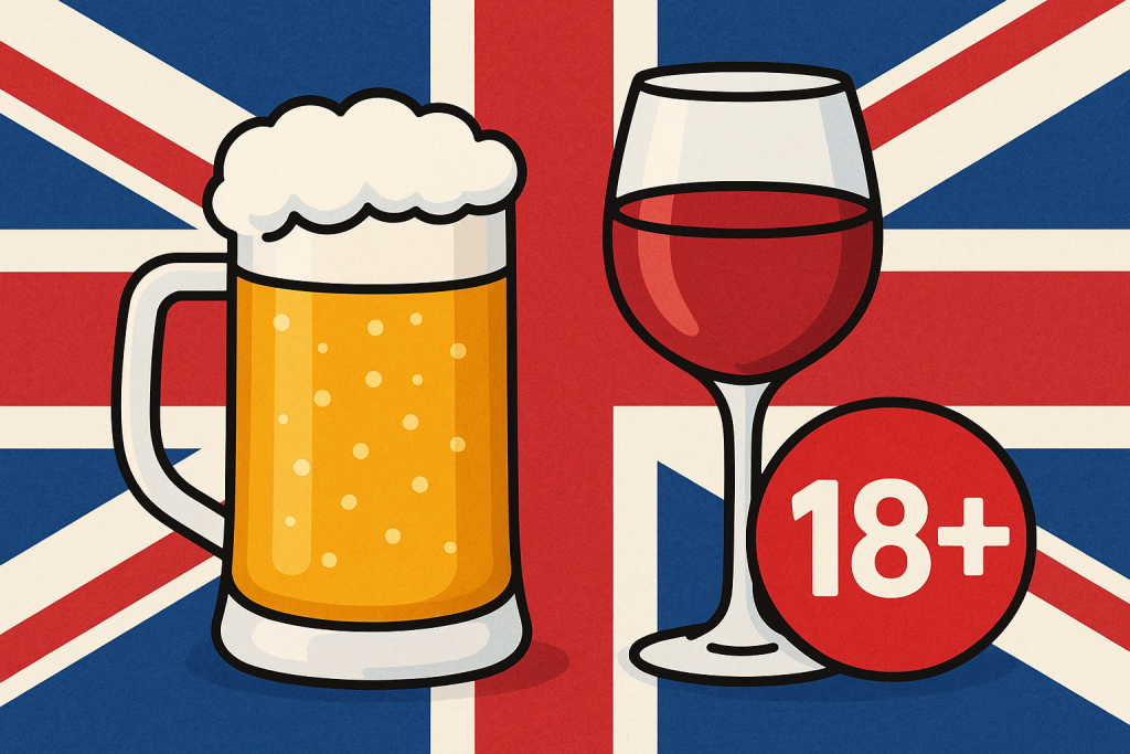 イギリス国旗を背景に、ビールジョッキと赤ワイングラス、そして18歳以上を示す「18+」マークが描かれたイラスト