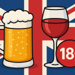 イギリス国旗を背景に、ビールジョッキと赤ワイングラス、そして18歳以上を示す「18+」マークが描かれたイラスト