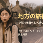 イギリスの地方都市を歩くアジア人女性旅行者。外国人へのヘイトクライムや差別への注意を促す安全対策記事のアイキャッチ。