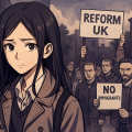 イギリスのReform UKの反移民デモを背景に、不安そうな表情で立つ東アジア系女性。抗議者たちは“NO IMMIGRANTS”“REFORM UK”と書かれたプラカードを掲げ、社会の排外的な雰囲気を象徴している。