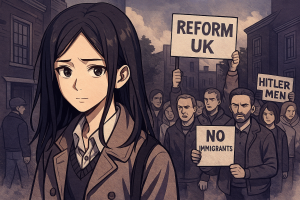 イギリスのReform UKの反移民デモを背景に、不安そうな表情で立つ東アジア系女性。抗議者たちは“NO IMMIGRANTS”“REFORM UK”と書かれたプラカードを掲げ、社会の排外的な雰囲気を象徴している。