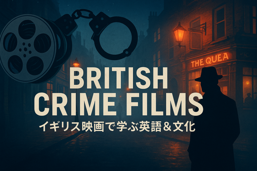 霧の立ち込めるロンドンの夜、フィルムリールと手錠、シルエットの人物が描かれたイギリスのクライム映画をイメージしたイラスト
