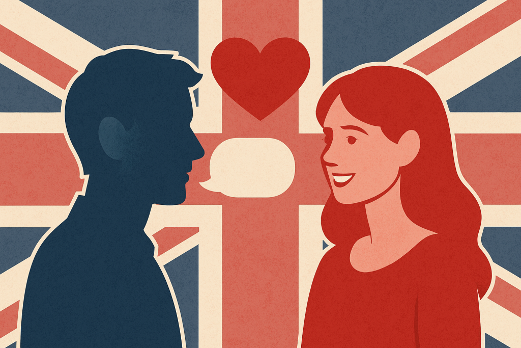 イギリス国旗を背景に、男性と女性のシルエットが向かい合い、頭上にハートと会話の吹き出しが描かれた恋愛を象徴するイラスト