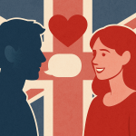 イギリス国旗を背景に、男性と女性のシルエットが向かい合い、頭上にハートと会話の吹き出しが描かれた恋愛を象徴するイラスト