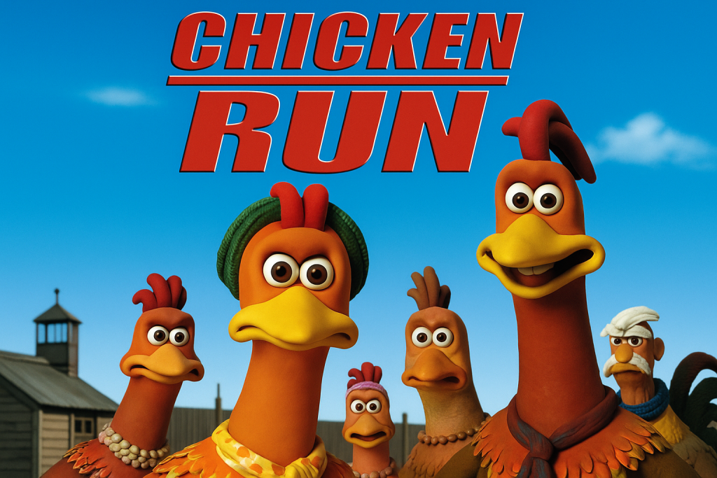 Chicken Run」のポスター。青空の下、ジンジャーやロッキーをはじめとする主要キャラクターの鶏たちが正面を見つめて並んでいる。背景には農場の建物と見張り塔が写り、上部に大きく赤字でタイトル「CHICKEN RUN」が描かれている。