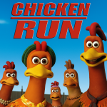 Chicken Run」のポスター。青空の下、ジンジャーやロッキーをはじめとする主要キャラクターの鶏たちが正面を見つめて並んでいる。背景には農場の建物と見張り塔が写り、上部に大きく赤字でタイトル「CHICKEN RUN」が描かれている。