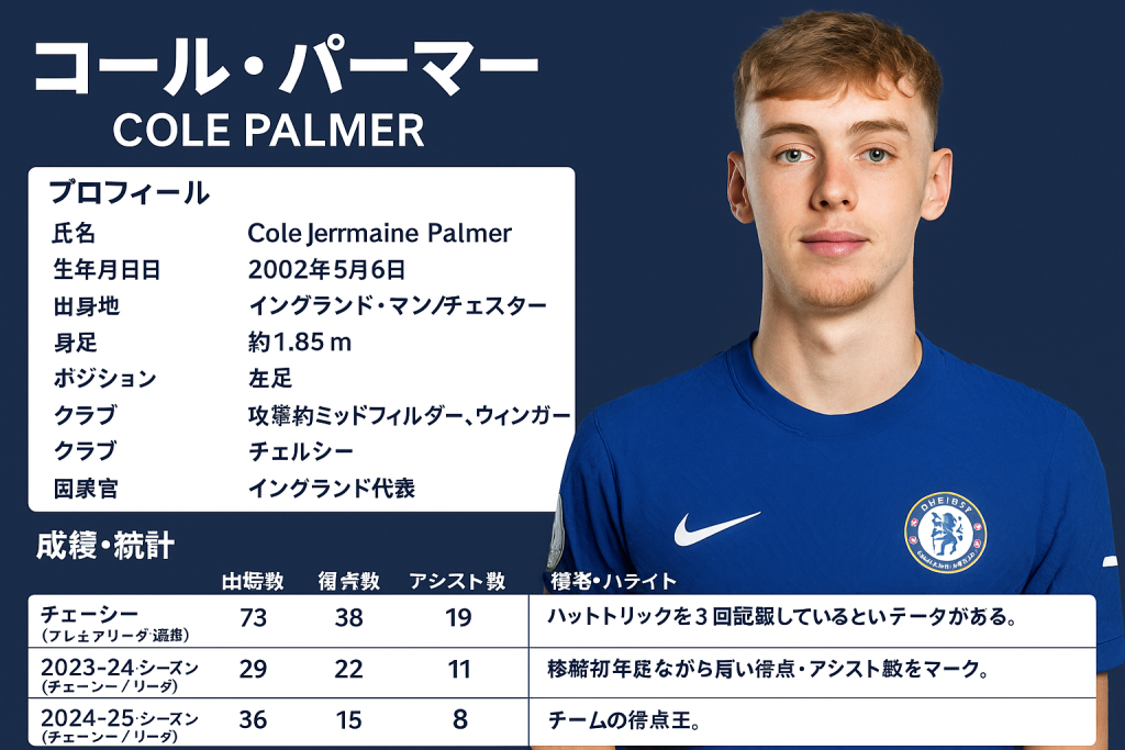 チェルシーのコール・パーマーのプロフィールと成績をまとめたアイキャッチ画像。青いユニフォームを着たパーマーが正面を向き、横には出身地・生年月日・身長・ポジション・クラブ情報、さらにリーグ通算とシーズン別の出場数、得点数、アシスト数が表形式で掲載されている。