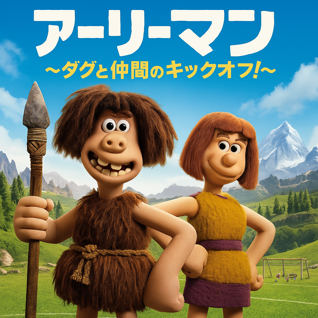 映画『アーリーマン ～ダグと仲間のキックオフ！～』の日本版プロモーションポスター。主人公ダグと仲間のグーナが、緑豊かな丘とサッカーゴールがある原始の風景を背景に並んで笑顔を見せている。