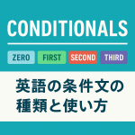 英語の条件文（if文）の種類を解説する記事用アイキャッチ画像。青と白を基調とした背景に「English Conditionals」と大きく書かれ、その下に「ゼロ・第一・第二・第三条件文」と日本語で表示されている。左側に if を強調した吹き出し、右側に例文「If it rains, we will stay home.」が配置されている。