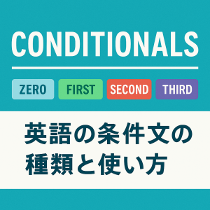 英語の条件文（if文）の種類を解説する記事用アイキャッチ画像。青と白を基調とした背景に「English Conditionals」と大きく書かれ、その下に「ゼロ・第一・第二・第三条件文」と日本語で表示されている。左側に if を強調した吹き出し、右側に例文「If it rains, we will stay home.」が配置されている。