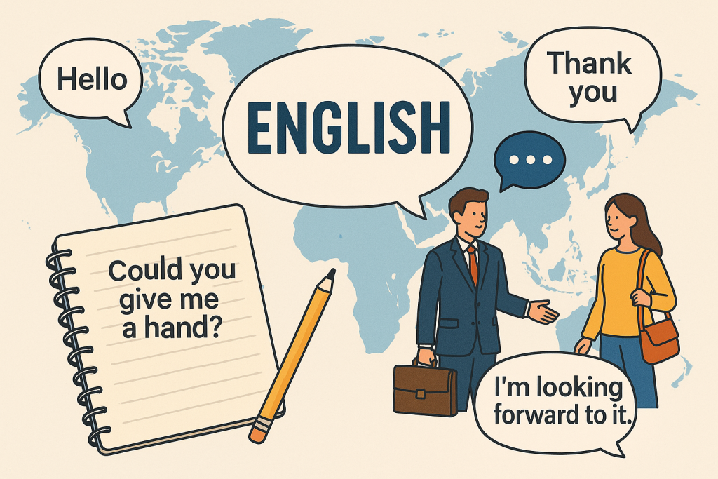 英語フレーズまとめの記事用アイキャッチ画像。世界地図を背景にノートやペン、ビジネスマンと女性が会話しているイラスト。Hello, Thank you などの英語フレーズが吹き出しで表示されている。