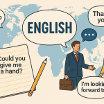英語フレーズまとめの記事用アイキャッチ画像。世界地図を背景にノートやペン、ビジネスマンと女性が会話しているイラスト。Hello, Thank you などの英語フレーズが吹き出しで表示されている。