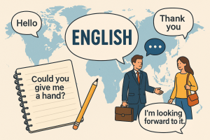 英語フレーズまとめの記事用アイキャッチ画像。世界地図を背景にノートやペン、ビジネスマンと女性が会話しているイラスト。Hello, Thank you などの英語フレーズが吹き出しで表示されている。