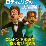 映画『マウス・タウン ロディとリタの大冒険』の日本版プロモーションポスター。ロディとリタがロンドンの下水道を背景に楽しげに並び、背後にはビッグ・ベンが描かれている。