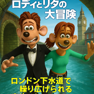 映画『マウス・タウン ロディとリタの大冒険』の日本版プロモーションポスター。ロディとリタがロンドンの下水道を背景に楽しげに並び、背後にはビッグ・ベンが描かれている。