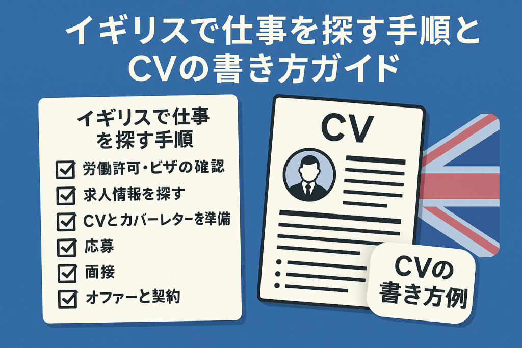 イギリスで仕事を探す手順とCVの書き方ガイドを解説するアイキャッチ画像。チェックリストで就職活動の流れを示し、CVのサンプルとユニオンジャックを背景にデザインされた図解。