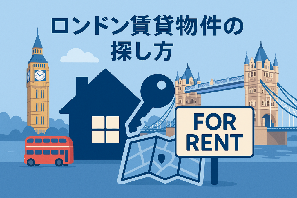 ロンドンのランドマーク（ビッグベンとタワーブリッジ、赤い二階建てバス）を背景に、家・鍵・地図・「FOR RENT」看板が描かれた、賃貸物件探しをイメージしたイラスト