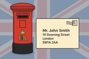 イギリスの赤いポスト（Royal Mailのポスト）の横に宛名が書かれた封筒が描かれ、背景にはユニオンジャックがデザインされたイラスト。