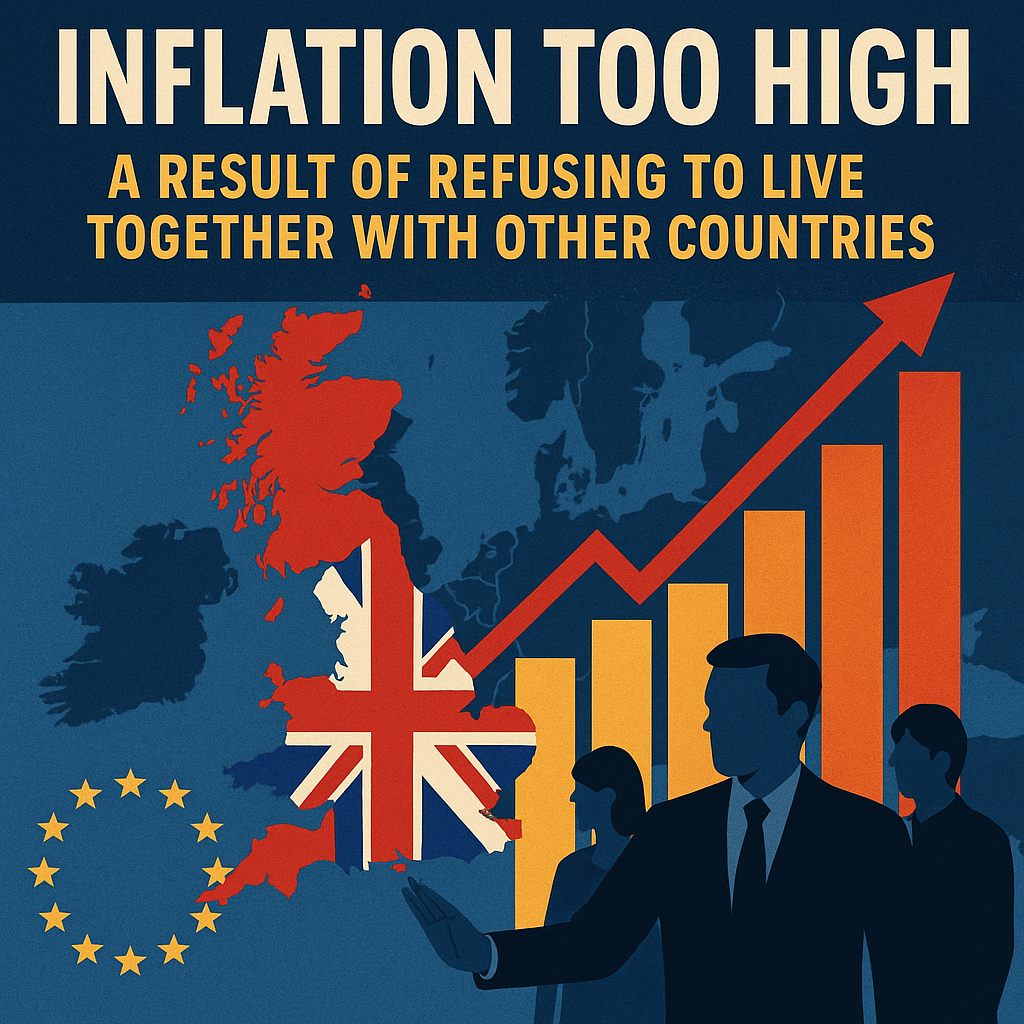 イギリスの高インフレを象徴するデジタルイラスト。ユニオンジャックとEUの星、急上昇する赤い矢印、グラフが描かれ、孤立主義が物価高騰を招いたことを示している。