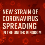 イギリス地図のシルエットと赤い背景に浮かぶコロナウイルス粒子。中央には『New strain of coronavirus spreading in the United Kingdom（イギリスで新型コロナ変異株が拡大）』と強調されたテキストが配置されたイラスト。