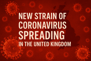 イギリス地図のシルエットと赤い背景に浮かぶコロナウイルス粒子。中央には『New strain of coronavirus spreading in the United Kingdom（イギリスで新型コロナ変異株が拡大）』と強調されたテキストが配置されたイラスト。
