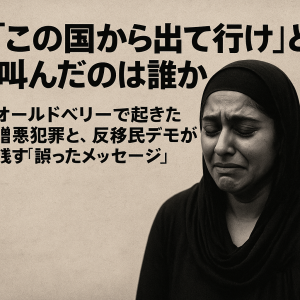 オールドベリーで起きたシーク教徒女性への人種差別的レイプ事件を象徴するアイキャッチ画像。泣き崩れる女性と『この国から出て行け』という言葉が強調され、反移民デモが社会に与える誤ったメッセージを訴える構図。