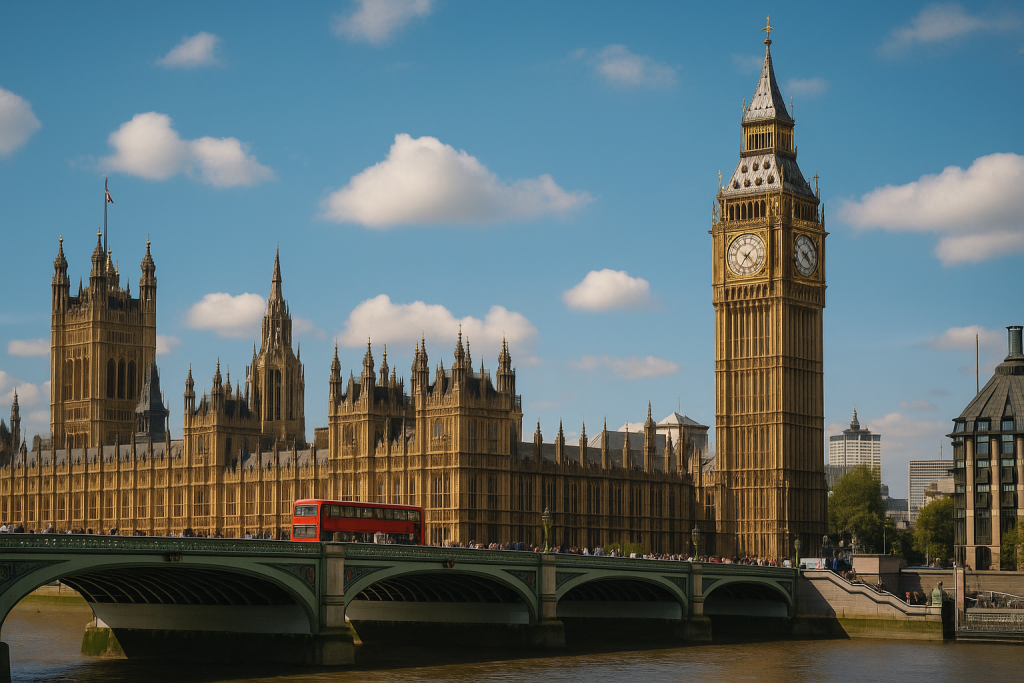 ロンドンのウェストミンスター橋とビッグ・ベン、国会議事堂を背景に走る赤い二階建てバス