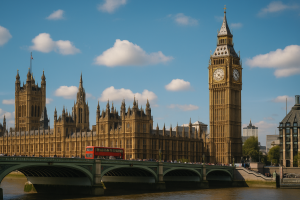 ロンドンのウェストミンスター橋とビッグ・ベン、国会議事堂を背景に走る赤い二階建てバス