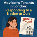 ロンドンの賃貸物件でSection 21退去通知を受けて困惑する入居者のイラスト。背景にロンドンの街並みとBig Benが描かれ、手元には『NOTICE TO QUIT』と書かれた書類と家のイラストが配置され、退去対策ガイドを象徴する構図。