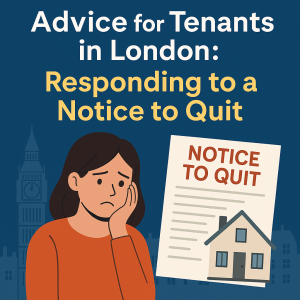 ロンドンの賃貸物件でSection 21退去通知を受けて困惑する入居者のイラスト。背景にロンドンの街並みとBig Benが描かれ、手元には『NOTICE TO QUIT』と書かれた書類と家のイラストが配置され、退去対策ガイドを象徴する構図。