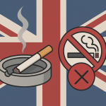 イギリス国旗を背景に、灰皿の上で煙を立てるタバコと「禁煙」を示す赤いサインが描かれたイラスト