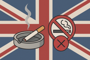 イギリス国旗を背景に、灰皿の上で煙を立てるタバコと「禁煙」を示す赤いサインが描かれたイラスト