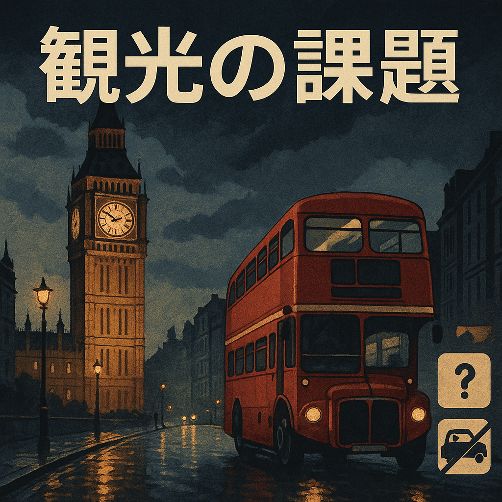 ロンドンのビッグベンと赤い二階建てバスが描かれた夕暮れのイラスト。『観光の課題』という日本語タイトルが配置され、イギリス観光の問題点を象徴する雰囲気を演出している。