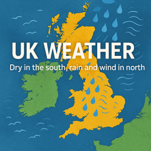 イギリス全土の天気予報マップ。南部は晴れや乾燥を示す緑色、北部は雨と風を示す青い雨粒と風のアイコンが描かれている。大きな文字で『UK WEATHER』と書かれ、下に『Dry in the south, rain and wind in north（南部は乾燥、北部は雨と風