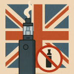 イギリス国旗を背景に電子タバコと煙が描かれ、右下に「NO VAPE」の禁止マークが表示されたイラスト