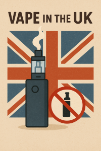 イギリス国旗を背景に電子タバコと煙が描かれ、右下に「NO VAPE」の禁止マークが表示されたイラスト