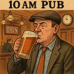 朝10時にパイントグラスでビールを飲むイギリス人男性。パブの中で“OPEN”サインと10時を指す時計が見える、皮肉なイラスト調の風景。