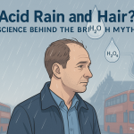 ロンドンの街で傘を差さずに小雨の中を歩く男性のデジタルイラスト。背景にはビッグベンと赤い二階建てバスがあり、雨粒の中にはH₂OやH₂SO₄の化学式が描かれている。酸性雨と薄毛の関係を科学的に検証するテーマを象徴している。
