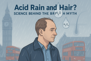 ロンドンの街で傘を差さずに小雨の中を歩く男性のデジタルイラスト。背景にはビッグベンと赤い二階建てバスがあり、雨粒の中にはH₂OやH₂SO₄の化学式が描かれている。酸性雨と薄毛の関係を科学的に検証するテーマを象徴している。