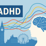 イギリス・ロンドンの街並みを背景に、ADHD(注意欠如・多動症)を象徴する脳とカラフルな神経線のイラスト