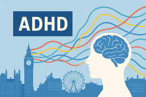 イギリス・ロンドンの街並みを背景に、ADHD(注意欠如・多動症)を象徴する脳とカラフルな神経線のイラスト