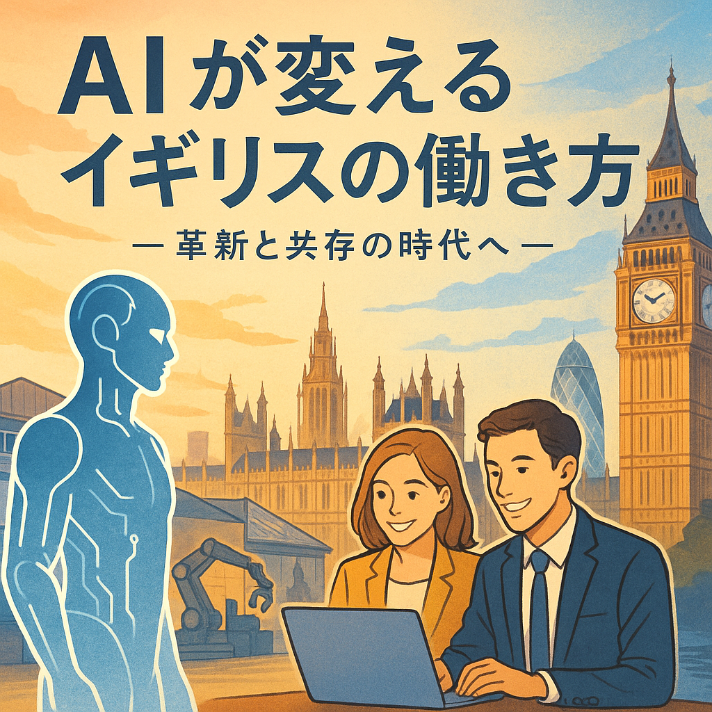 AI導入によりイギリスの働き方が進化し、人件費削減と効率化が進む未来都市ロンドンを背景に若者とAIが共存するイラスト。
