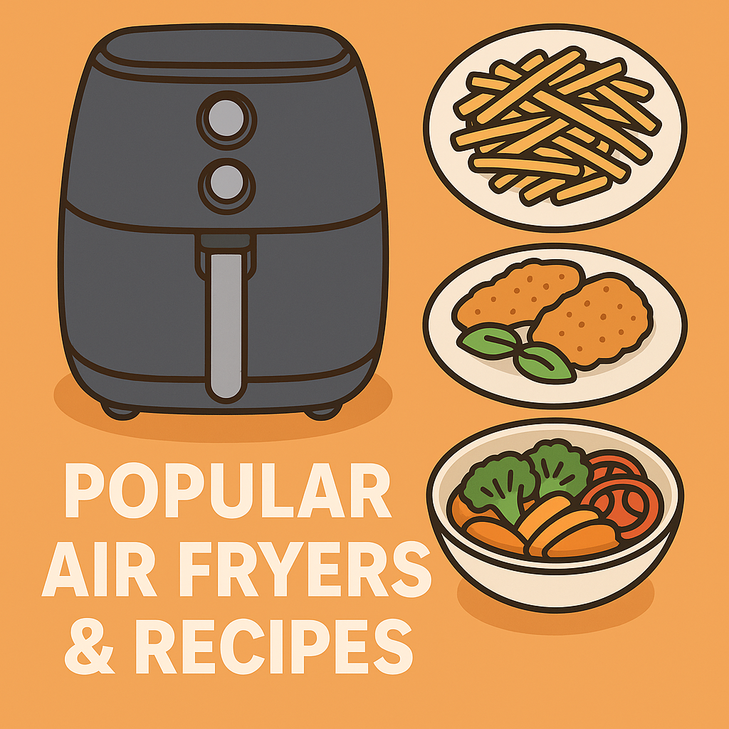 イギリスで人気のエアフライヤーと代表的な料理(チップス、チキン、野菜ロースト)のイラスト