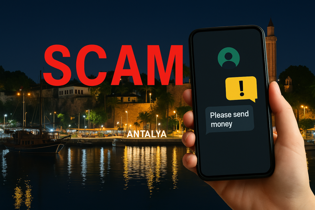 トルコ・アンタルヤ港の夜景を背景に「SCAM」の赤い文字とスマートフォンの詐欺メッセージを描いたイラスト。オンライン詐欺の危険を象徴するデザイン。