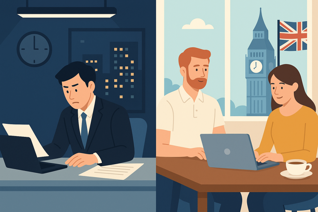 日本とイギリスの働き方を比較するイラスト。左側に夜のオフィスで残業する日本のビジネスパーソン、右側に昼間にリモート勤務するイギリスの男女が描かれている。
